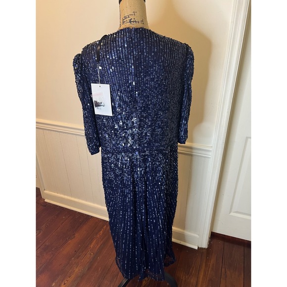 Mac Duggal 5578 size 20Navy Blue Sequin Wrap V Neck Puff Sleeve Midi Dress - Picture 13 of 14